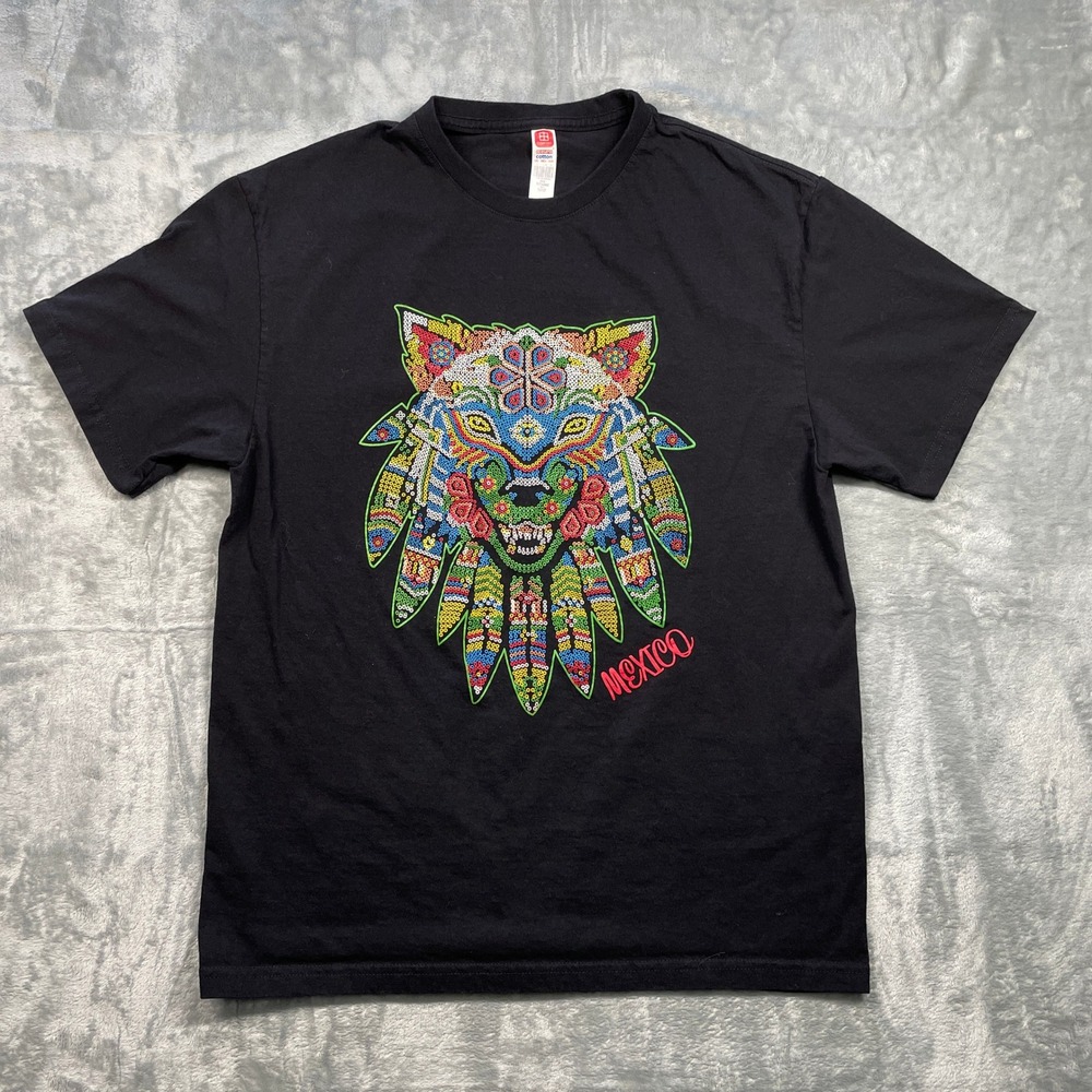 Mens Black Graphic T Shirt Mexico Colorful Wolf‎ Design Comfort Cotton Size L